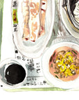 Dim sum print of painting by Medjool Studio. Print of a watercolor painting of a dim sum meal at the Hong Kong International Airport including traditional noodles and dumplings.