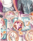 Eating together print of painting by Medjool Studio. Reproduction of an original watercolor of a print of a couple at La Cubana restaurant on Ossignton Ave, in Toronto, Canada. Featuring bright colours of a finished meal on a table contrasting with the neutrals in the clothing of the couple.