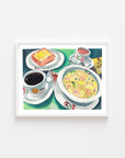 Hong Kong Breakfast Noodle print of painting by Medjool Studio. Print of original gouache painting featuring a noodle bowl, toast and tea.