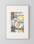 Hong Kong restaurant print of painting by Medjool Studio. Print of original gouache painting featuring a Hong Kong breakfast including toast and Hong Kong milk tea.