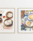 Hong Kong restaurant print of painting by Medjool Studio. Print of original gouache painting featuring a Hong Kong breakfast including toast and Hong Kong milk tea.