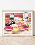 Japanese sushi meal print of painting by Medjool Studio. Print of original gouache painting featuring a sushi meal from Tokyo, Japan.