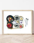 Korean lunch print of painting by Medjool Studio. Watercolour painting featuring a traditional Korean meal from Seoul including traditional soup, rice, bipimpap, kimchi, and other sides.