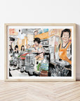 Korean street food - orange apron print of painting by Medjool Studio.  Print of original gouache painting featuring a scene of people gathered around a table and being served by someone in an orange apron.