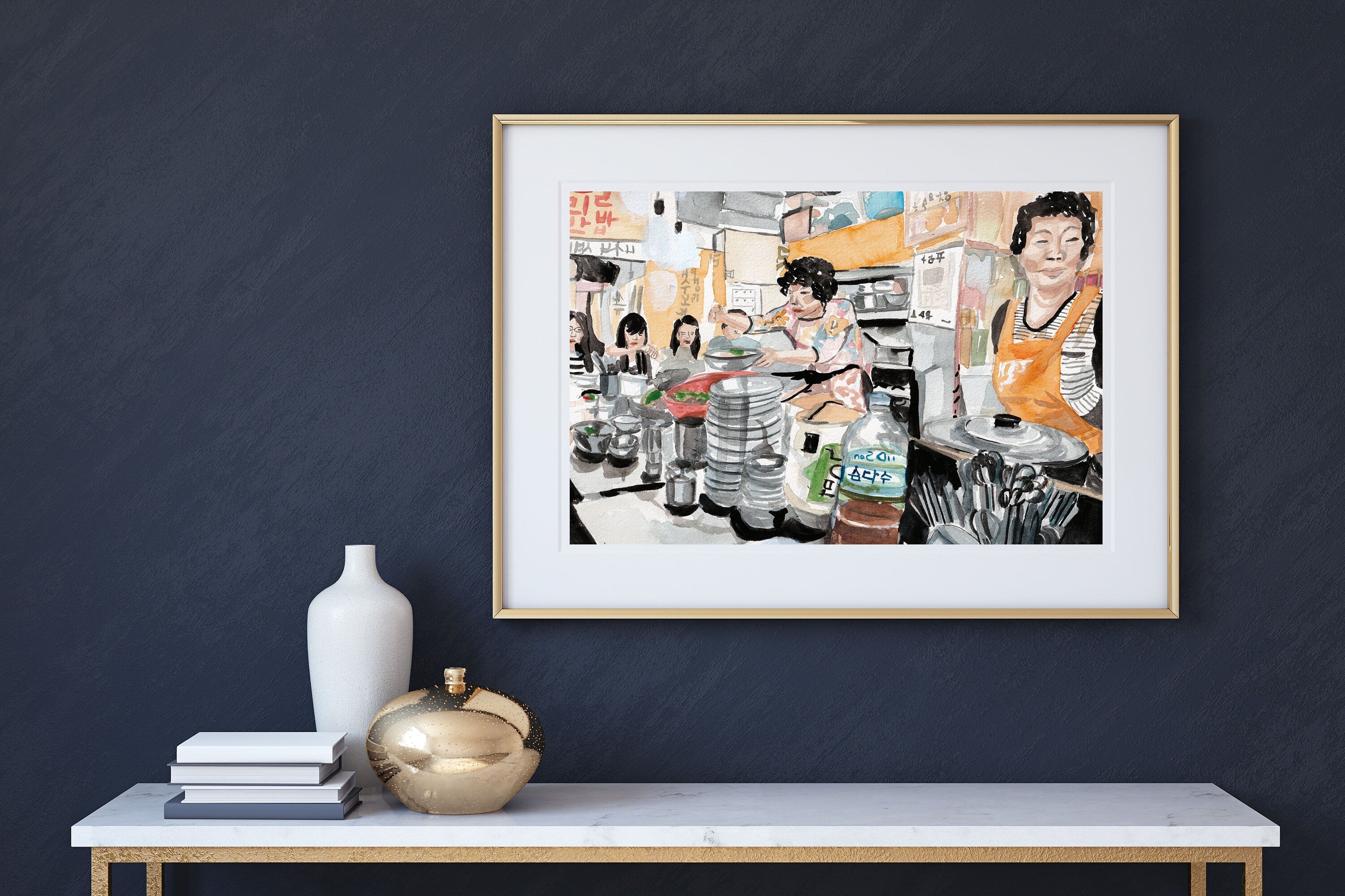 Korean street food - orange apron print of painting by Medjool Studio.  Print of original gouache painting featuring a scene of people gathered around a table and being served by someone in an orange apron.