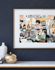 Korean street food - orange apron print of painting by Medjool Studio.  Print of original gouache painting featuring a scene of people gathered around a table and being served by someone in an orange apron.