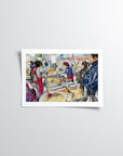 Korean street food - pancakes print of painting by Medjool Studio.  Print of original gouache painting featuring a scene of a vendor making pancakes for customers.