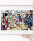 Korean street food - pancakes print of painting by Medjool Studio.  Print of original gouache painting featuring a scene of a vendor making pancakes for customers.