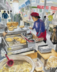 Korean street food - pancakes print of painting by Medjool Studio.  Print of original gouache painting featuring a scene of a vendor making pancakes for customers.