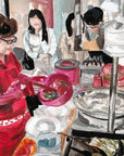 Korean street food - red apron print of painting by Medjool Studio.  Print of original gouache painting featuring a scene from a Korean Street Food Market in Seoul, South Korea.