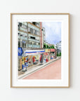 Lawsons, Japan print of painting by Medjool Studio. Print of original gouache painting of a Tokyo street view of a Lawsons supermarket and apartment building in Tokyo, Japan.