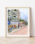 Lawsons, Japan print of painting by Medjool Studio. Print of original gouache painting of a Tokyo street view of a Lawsons supermarket and apartment building in Tokyo, Japan.