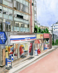 Lawsons, Japan print of painting by Medjool Studio. Print of original gouache painting of a Tokyo street view of a Lawsons supermarket and apartment building in Tokyo, Japan.