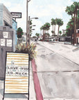 Los Angeles Streetscape - I Love You Sign print of painting by Medjool Studio. Print of original gouache painting of a Los Angeles streetscape, with palm trees, iconic buildings and an "I Love You" sign. 