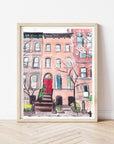 New York city brownstone print of painting by Medjool Studio. Print of original gouache painting of a New York City building.