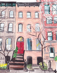 New York city brownstone print of painting by Medjool Studio. Print of original gouache painting of a New York City building.