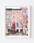 New York city brownstone print of painting by Medjool Studio. Print of original gouache painting of a New York City building.