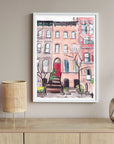 New York city brownstone print of painting by Medjool Studio. Print of original gouache painting of a New York City building.