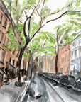 New York city streetscape print of painting by Medjool Studio. Print of original gouache painting that is a slightly abstract interpretation of the classic architecture. Shows a scene looking down a street with tall buildings, cars and trees along the sides of the street.