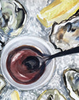 Oyster painting print of painting by Medjool Studio. Print of original gouache painting of an oyster meal, using grey, blue and yellow tones.