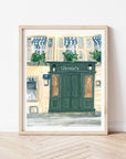 Paris bookstore print of painting by Medjool Studio. Print of original gouache painting of the front doors of a Parisian bookstore.