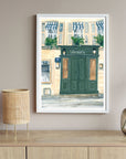 Paris bookstore print of painting by Medjool Studio. Print of original gouache painting of the front doors of a Parisian bookstore.