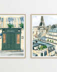 Paris bookstore print of painting by Medjool Studio. Print of original gouache painting of the front doors of a Parisian bookstore.