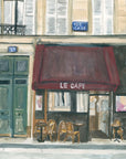 Paris cafe print of painting by Medjool Studio. Print of original gouache painting of the front of a small cafe in Paris, France featuring a burgundy awning, small tables and chairs out front.