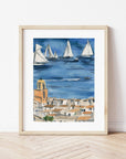 Saint Tropez print of painting by Medjool Studio. Print of a watercolor painting of the the French Rivera town, Saint Trope. This French seaside village has beautiful terracotta and yellow colours.