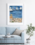 Saint Tropez print of painting by Medjool Studio. Print of a watercolor painting of the the French Rivera town, Saint Trope. This French seaside village has beautiful terracotta and yellow colours.