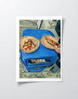 Scar’s Pizza print of painting by Medjool Studio. Print of original gouache painting showing a slice of pizza on top of a vibrant blue garbage bin.