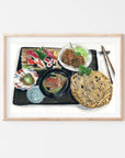 Soba noodle and sushi meal print of painting by Medjool Studio. Print of an original gouache painting of a soba noodle and sushi meal in Tokyo, Japan.