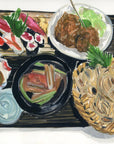 Soba noodle and sushi meal print of painting by Medjool Studio. Print of an original gouache painting of a soba noodle and sushi meal in Tokyo, Japan.