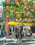 Sofia’s Bagels original painting by Medjool Studio. Original gouache painting of Sofia's Bagel Cafe in Greenwich Village, NYC, captured in a serene morning scene using soft hues and delicate brush strokes.