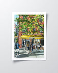 Sofia’s Bagels original painting by Medjool Studio. Original gouache painting of Sofia's Bagel Cafe in Greenwich Village, NYC, captured in a serene morning scene using soft hues and delicate brush strokes.