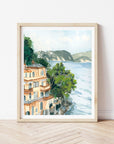 Splendido, a Belmond hotel, Portofino art print of painting by Medjool Studio. Print of an original gouache painting evoking the charm of an Italian coastal village. This neutral toned art print captures the traditional buildings and cliffs of the Amalfi coast.