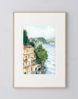 Splendido, a Belmond hotel, Portofino art print of painting by Medjool Studio. Print of an original gouache painting evoking the charm of an Italian coastal village. This neutral toned art print captures the traditional buildings and cliffs of the Amalfi coast.