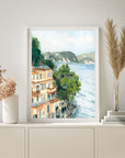 Splendido, a Belmond hotel, Portofino art print of painting by Medjool Studio. Print of an original gouache painting evoking the charm of an Italian coastal village. This neutral toned art print captures the traditional buildings and cliffs of the Amalfi coast.