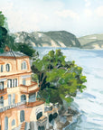 Splendido, a Belmond hotel, Portofino art print of painting by Medjool Studio. Print of an original gouache painting evoking the charm of an Italian coastal village. This neutral toned art print captures the traditional buildings and cliffs of the Amalfi coast.