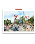 Summer pool art print of painting by Medjool Studio. Print of an original gouache painting of a summer pool scene inspired by the artist's daily life. Shows a scene at a neighbourhood pool filled with people enjoying their summer weekend.