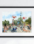 Summer pool art print of painting by Medjool Studio. Print of an original gouache painting of a summer pool scene inspired by the artist's daily life. Shows a scene at a neighbourhood pool filled with people enjoying their summer weekend.