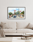 Summer pool art print of painting by Medjool Studio. Print of an original gouache painting of a summer pool scene inspired by the artist's daily life. Shows a scene at a neighbourhood pool filled with people enjoying their summer weekend.