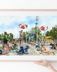 Summer pool art print of painting by Medjool Studio. Print of an original gouache painting of a summer pool scene inspired by the artist's daily life. Shows a scene at a neighbourhood pool filled with people enjoying their summer weekend.