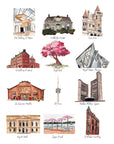 Toronto landmarks print of painting by Medjool Studio. Print of an original gouache painting of 12 notable landmarks in Toronto, Canada, including the Art Gallery of Ontario, High Park, the Distillery District, Casa Loma, the Royal Ontario Museum, St. Lawrence Market, the CN Tower, and more!