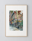 Washington Square original painting by Medjool Studio. Original gouache painting capturing the scene of a corner store using vibrant colors and dynamic composition.