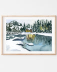 Winter forest and cabin on a lake print of painting by Medjool Studio. Print of an original gouache painting of a cabin lit up an in a winter forest on a lake.