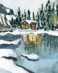 Winter forest and cabin on a lake print of painting by Medjool Studio. Print of an original gouache painting of a cabin lit up an in a winter forest on a lake.